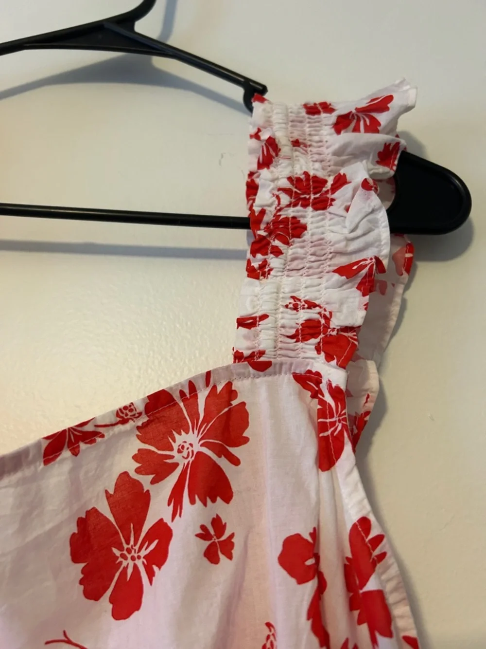 J. Crew White Tank Top with Red Floral Print, Ruffle straps, Size XL